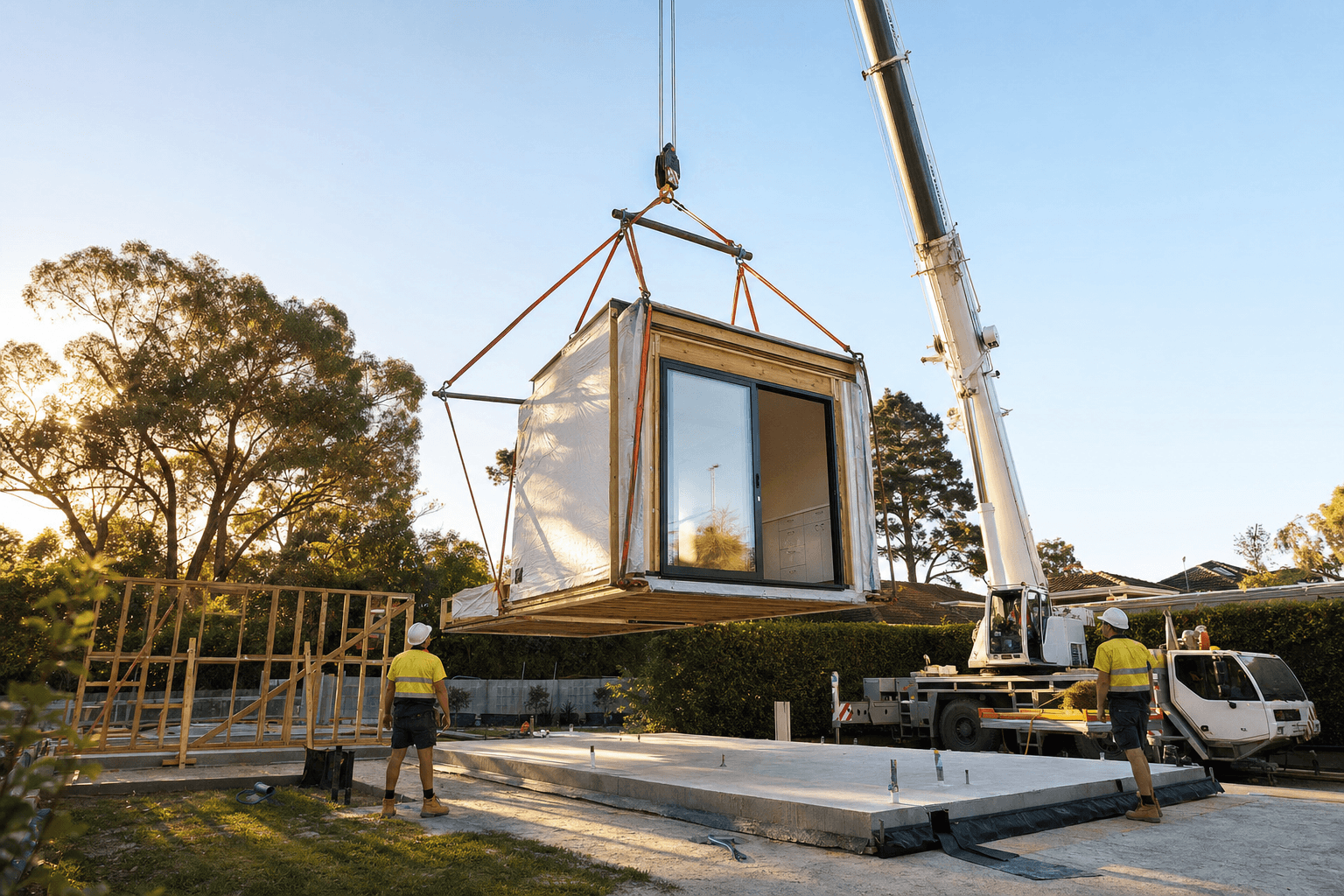Modular prefab home being installed in a Perth backyard