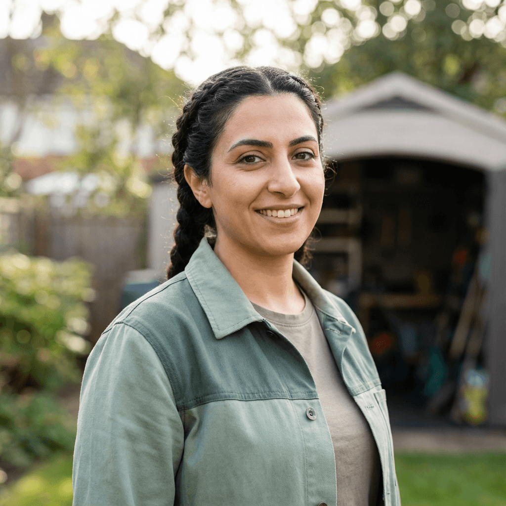 Cheerful Middle Eastern female in her 40s standing in a leafy garden