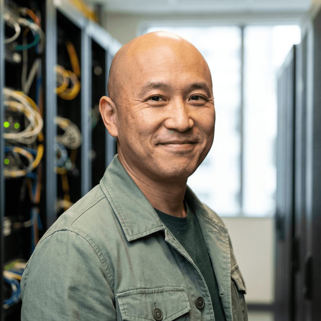 Smiling East Asian male in his 30s standing in a spacious backyard