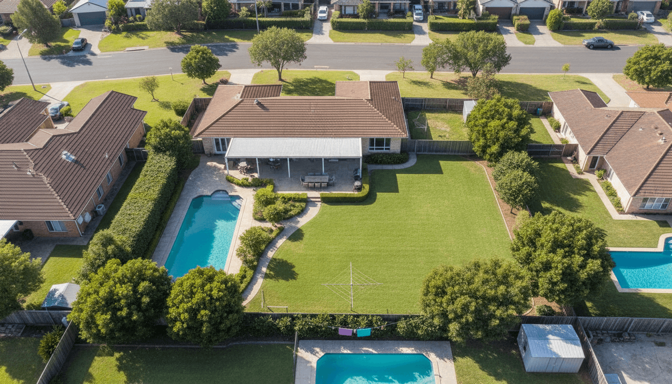 Aerial view of a suburban backyard with a large green lawn and potential for a granny flat