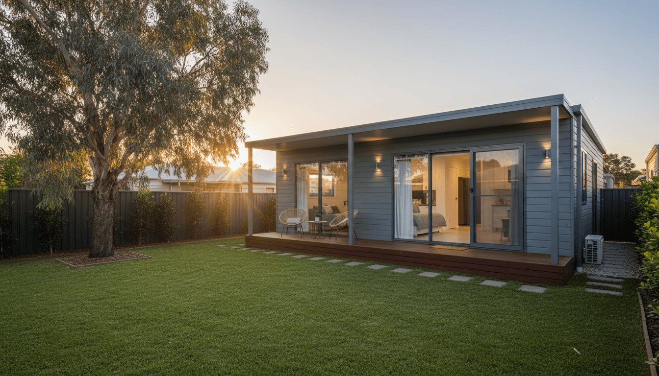 Modern modular granny flat built in a sunny Perth backyard with a small deck