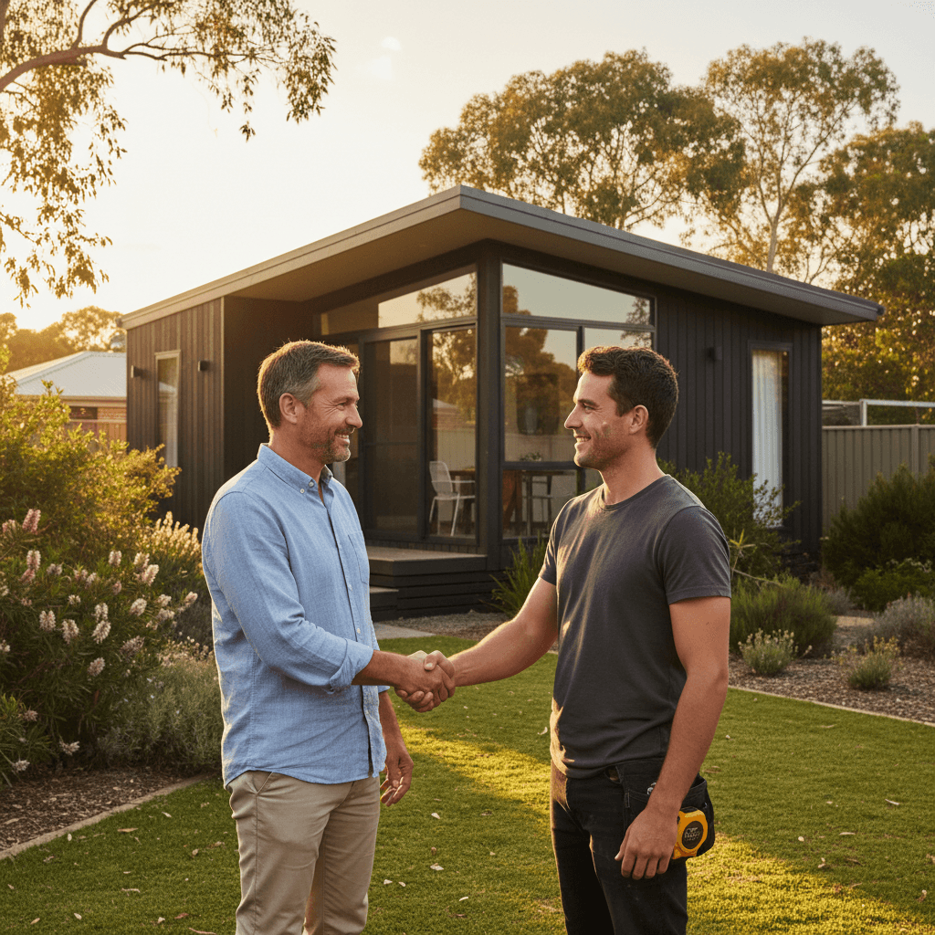 Handshake between a homeowner and builder in front of a modern modular dwelling