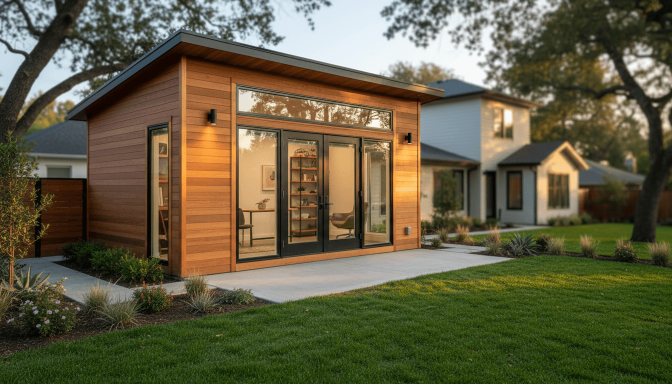 Modern prefabricated backyard studio with shiplap siding and French doors on residential property during golden hour