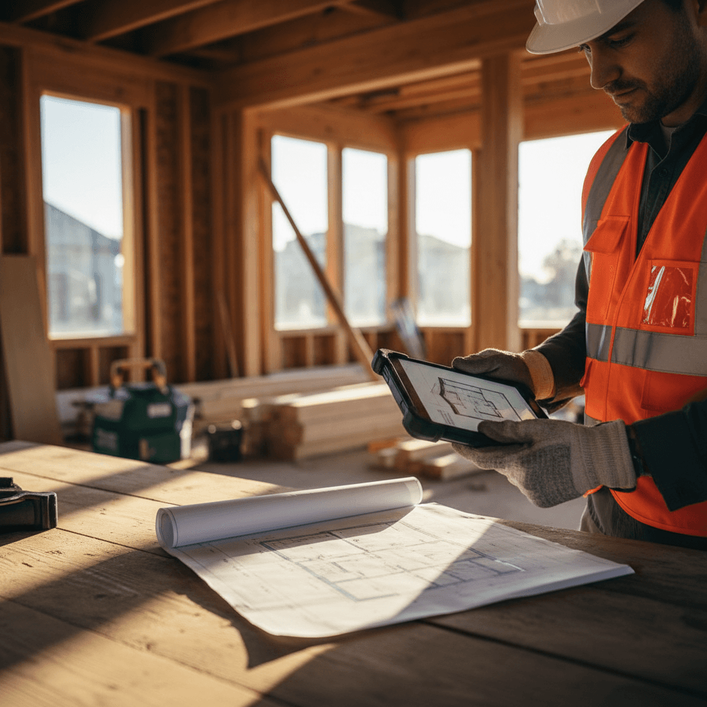 Builder inspecting granny flat construction progress